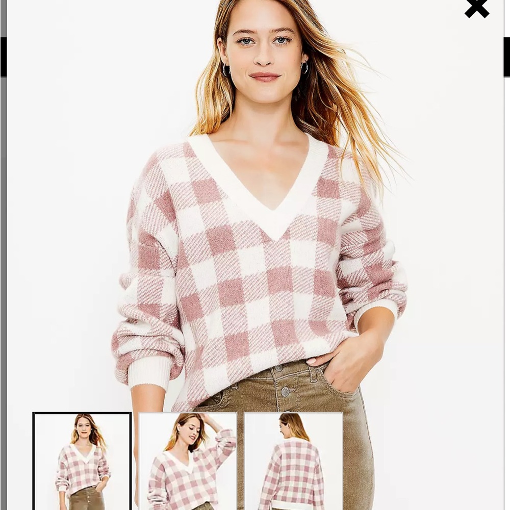 ANN TAYLOR LOFT Plaid V-Neck Sweater Pink Size Large NWT